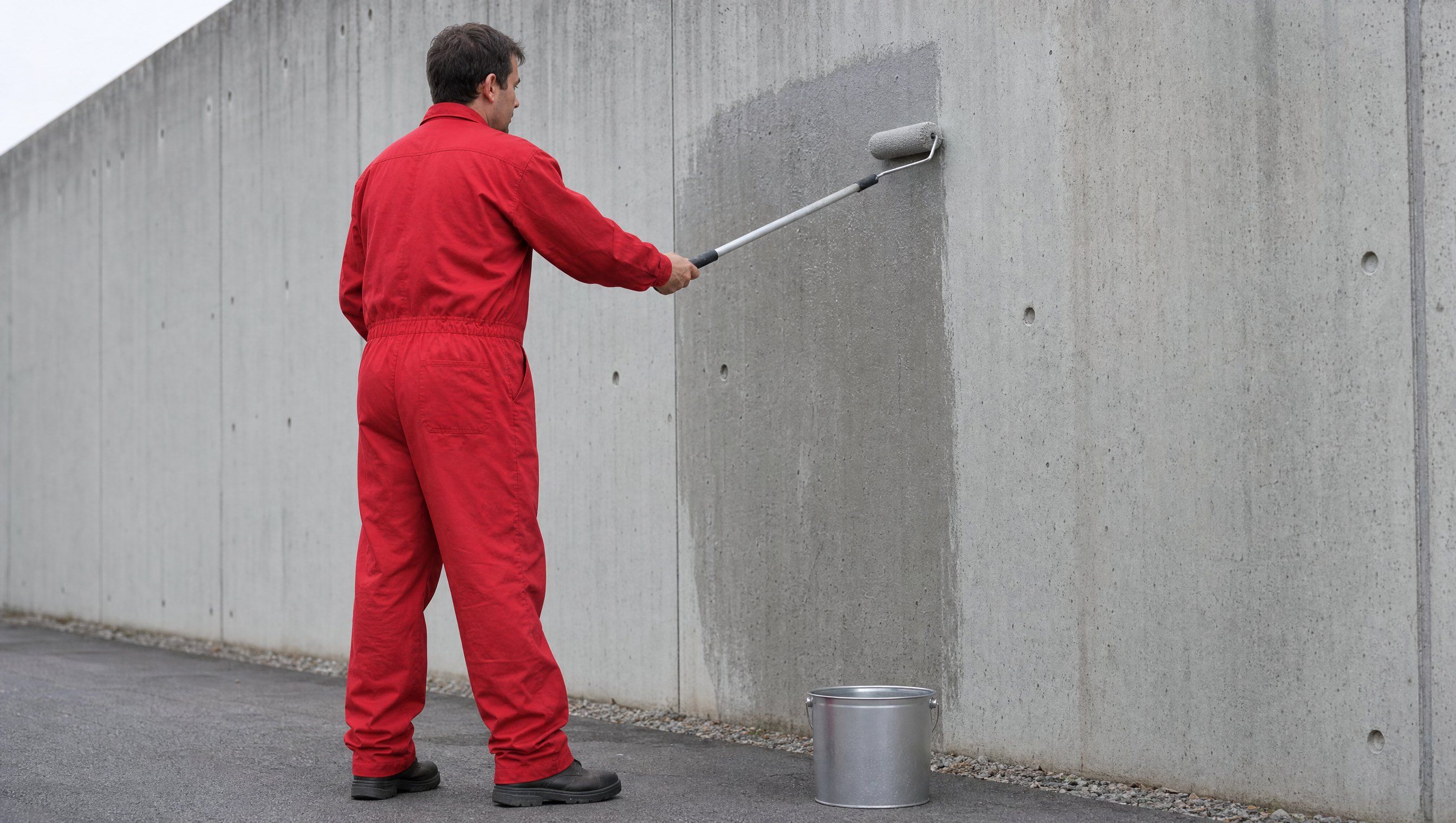 Auftrag der Beschichtung mit einer Walze auf eine Betonwand
