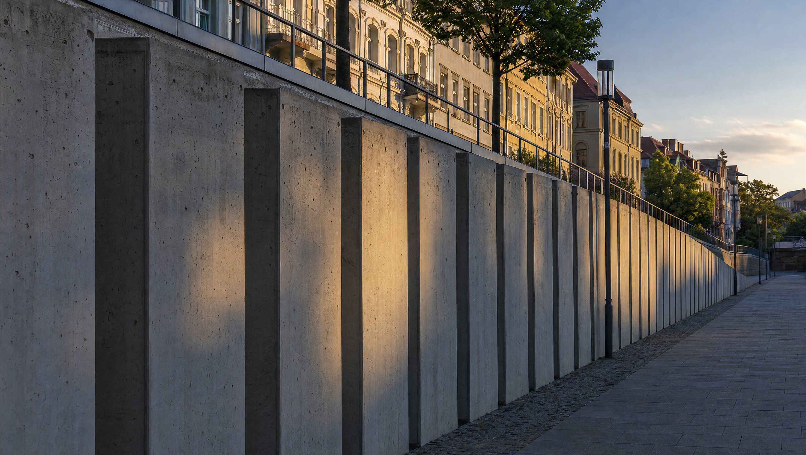 Betonwand einer Stadtpromenade im Abendlicht