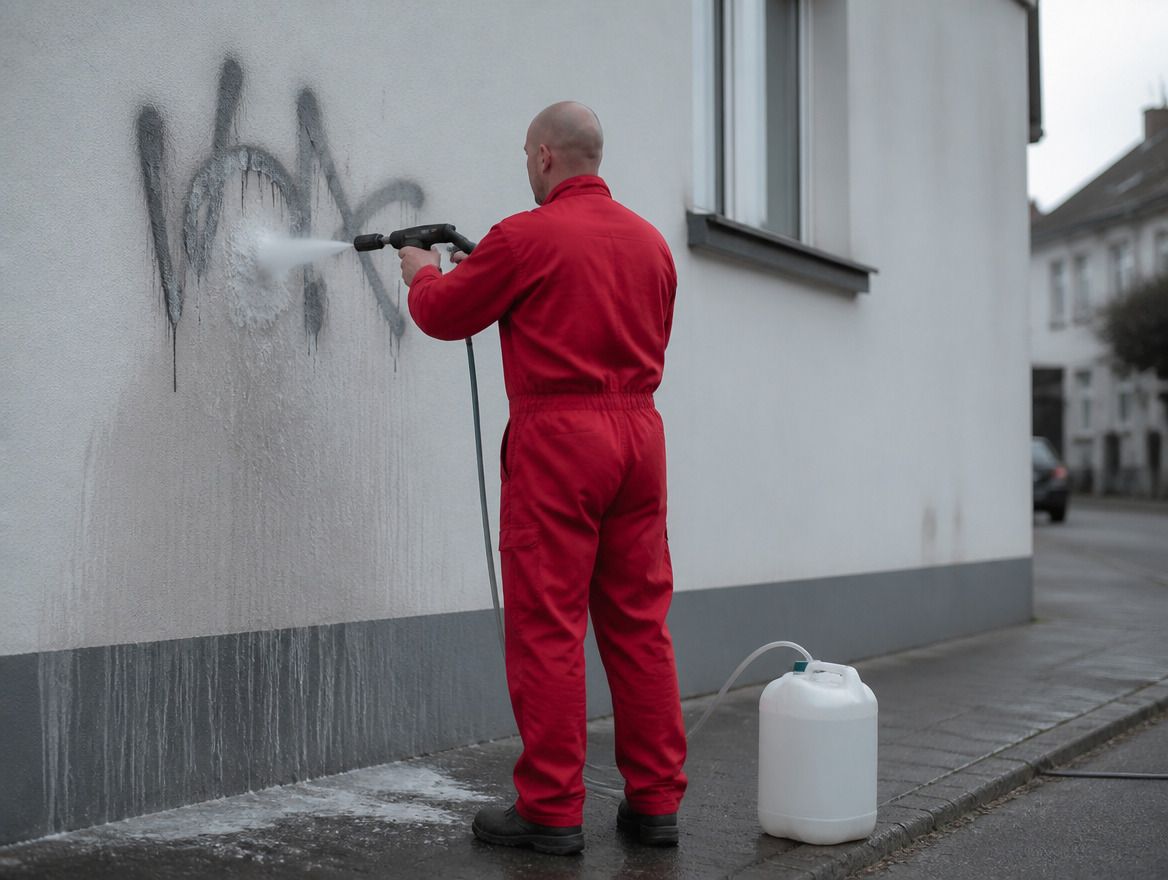 Fachkraft reinigt eine besprühte Fassade mit einem Akku-Hochdruckreiniger, dessen Saugschlauch in einen Wasserkanister am Boden führt