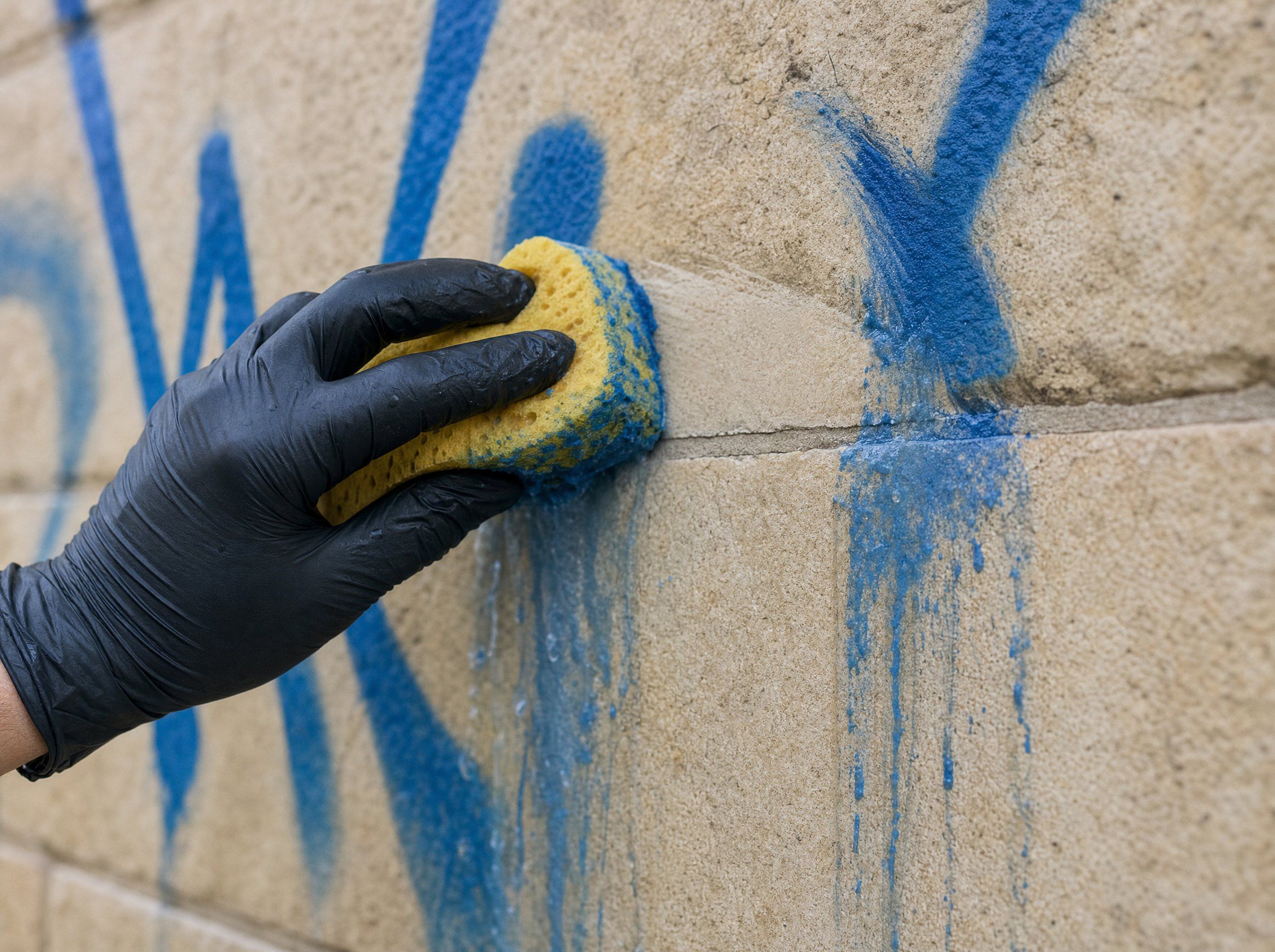 Blaues Graffiti wird mit Schwamm und Wasser von einer Steinmauer gewischt