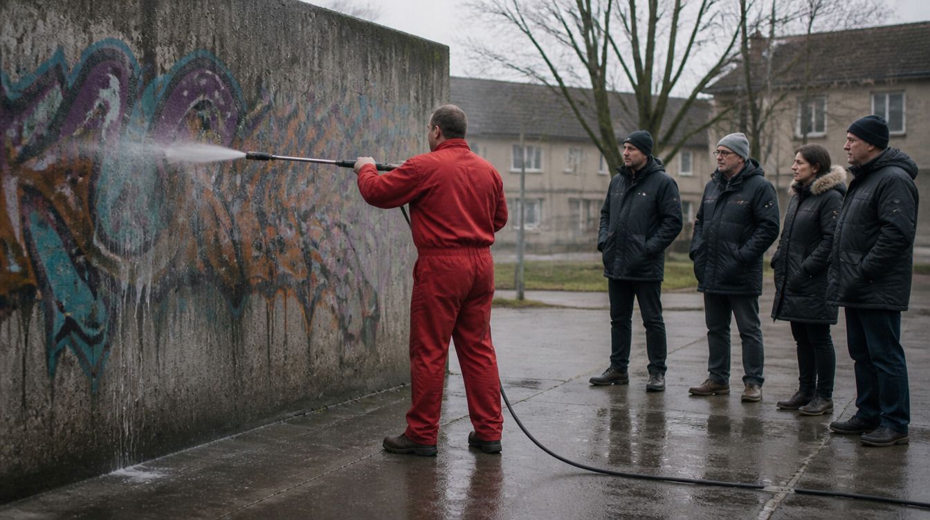 Fachkraft im roten Overall wäscht bei einer Vorführung Graffiti von einer Betonwand, vier Zuschauende verfolgen es