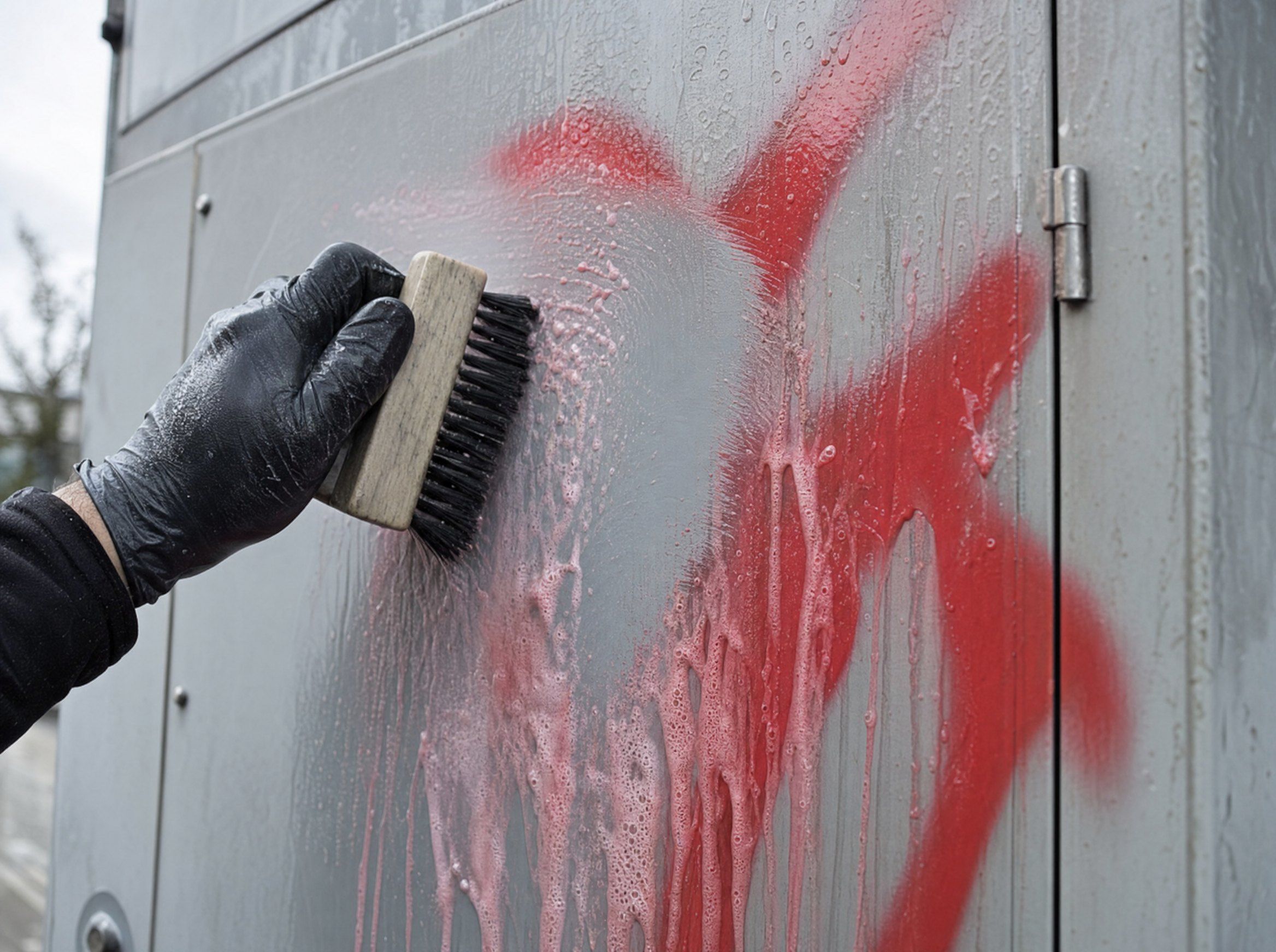 Rotes Graffiti wird mit einer Bürste von einem Verteilerkasten gewaschen
