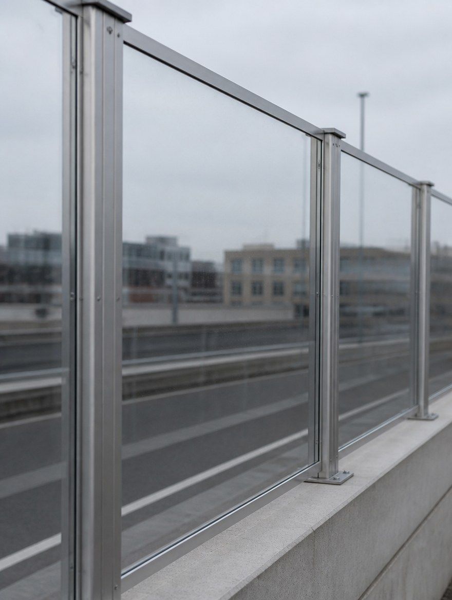 Verglaste Lärmschutzwand mit Metallrahmen entlang einer Straße