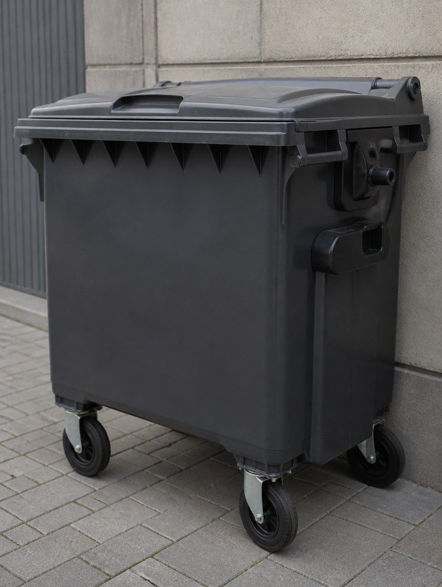 Großer grauer Müllcontainer aus Kunststoff vor einer Steinfassade